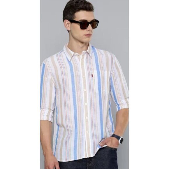 Mens Linen Blend Slim Fit Striped Tan Blue Button Down Shirt Size Medium - Picture 1 of 7